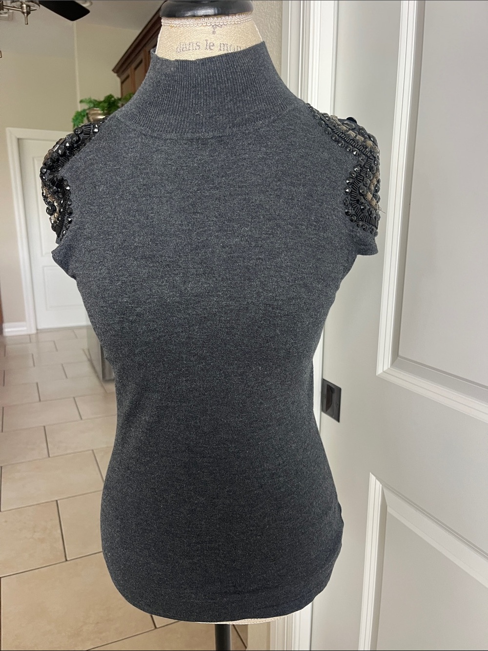 EUC Boston Proper charcoal gray mock turtleneck jewel embellished shoulders. Sm
